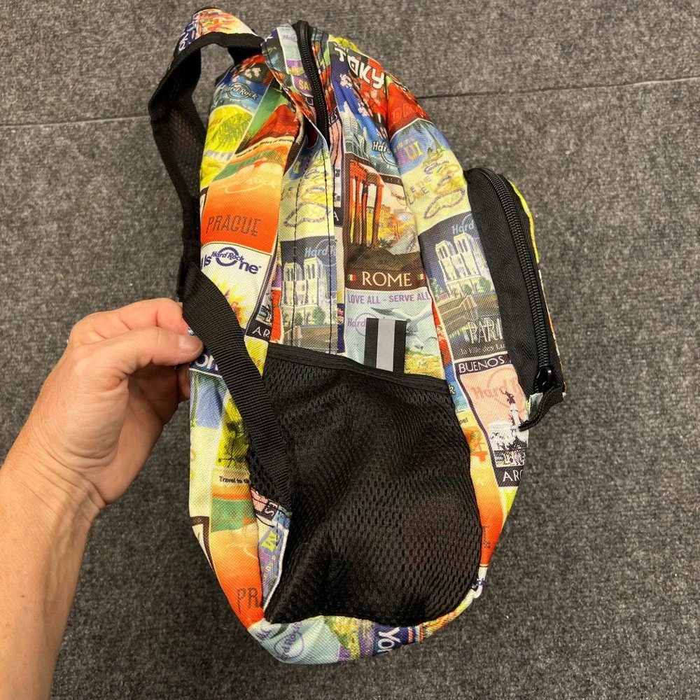 Hard Rock Cafe Backpack Multi Color Postcard City Print Travel Bag IM10015078